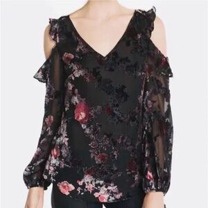 WHBM Black Velvet Floral Cold-Shoulder Top